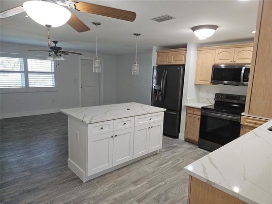 Interior, Kitchen, Pendant Lights, Wood Texture Flooring