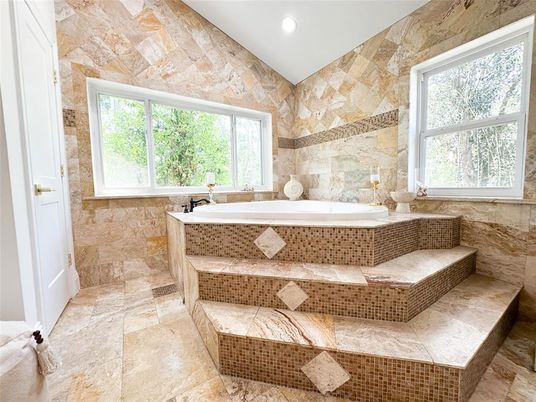 Bathroom, Interior, Recessed Lighting, Stone Walls