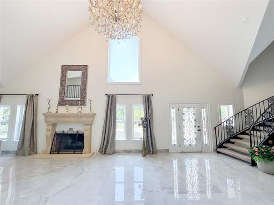 Chandelier, Fireplace, Interior, Marble