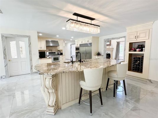 Chandelier, Interior, Kitchen, Recessed Lighting, Stainless Steel Appliances