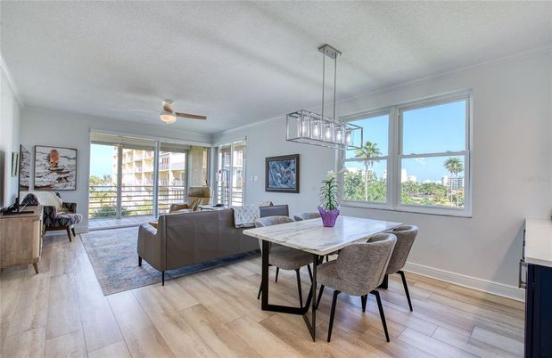 Dining room, Interior, Living room, Pendant Lights, Wood Texture Flooring