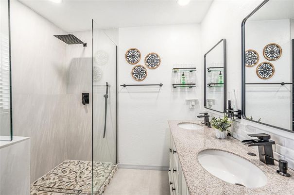 Bathroom, Dual Sink Vanities, Glass Shower, Interior, Recessed Lighting