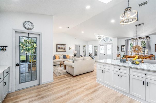 Interior, Kitchen, Living room, Pendant Lights, Recessed Lighting, Wood Texture Flooring