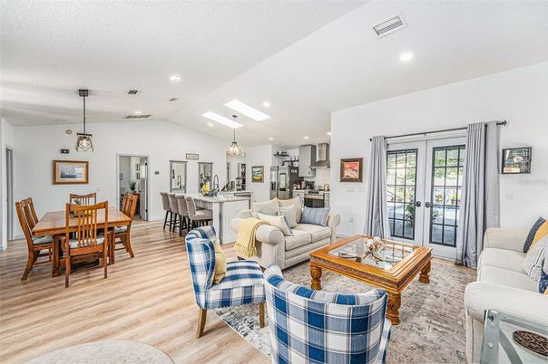 Dining room, Interior, Kitchen, Living room, Pendant Lights, Recessed Lighting, Wood Texture Flooring