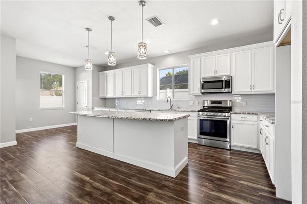 Interior, Kitchen, Pendant Lights, Recessed Lighting, Stainless Steel Appliances, Wood Texture Flooring