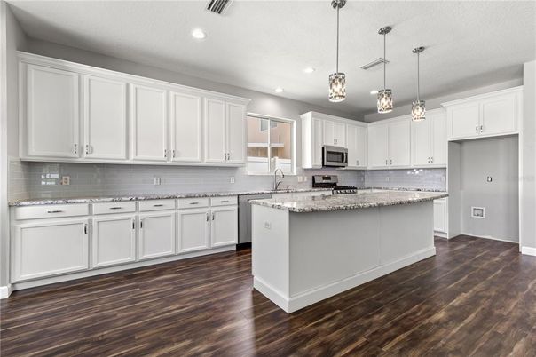 Interior, Kitchen, Pendant Lights, Recessed Lighting, Stainless Steel Appliances, Wood Texture Flooring