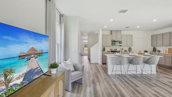 Interior, Kitchen, Recessed Lighting, Stainless Steel Appliances, Water, Wood Texture Flooring