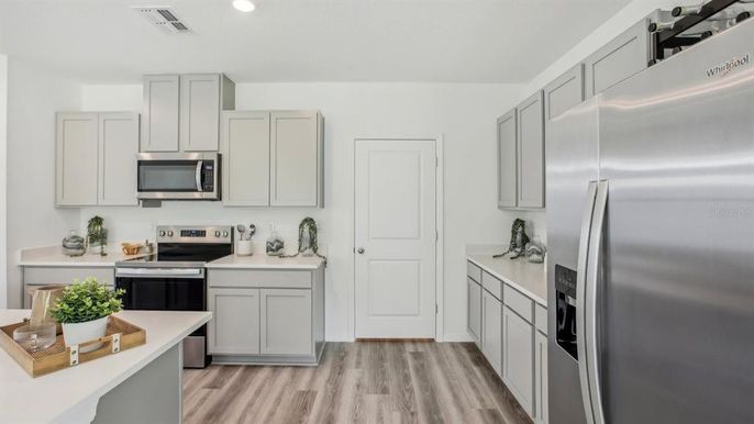 Interior, Kitchen, Recessed Lighting, Stainless Steel Appliances, Wood Texture Flooring