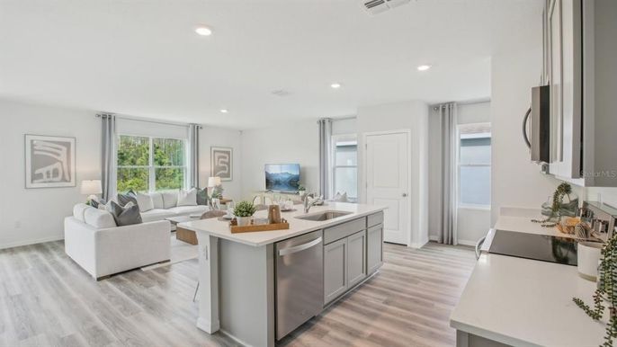 Interior, Kitchen, Living room, Recessed Lighting, Wood Texture Flooring