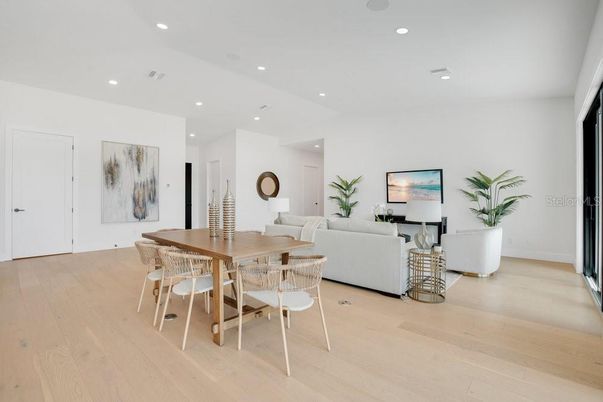 Dining room, Interior, Living room, Recessed Lighting, Wood Texture Flooring