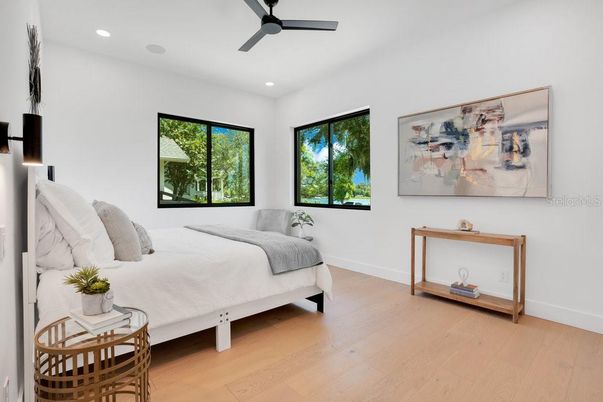 Bedroom, Interior, Recessed Lighting, Wood Texture Flooring
