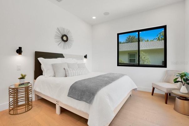 Bedroom, Interior, Recessed Lighting, Wood Texture Flooring