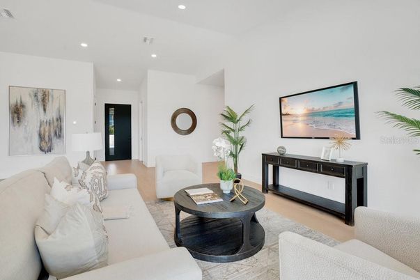 Interior, Living room, Recessed Lighting, Wood Texture Flooring
