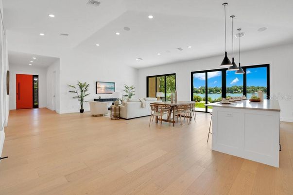 Dining room, Interior, Kitchen, Living room, Pendant Lights, Recessed Lighting, Wood Texture Flooring