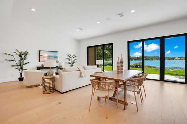Dining room, Interior, Living room, Recessed Lighting, Water, Wood Texture Flooring