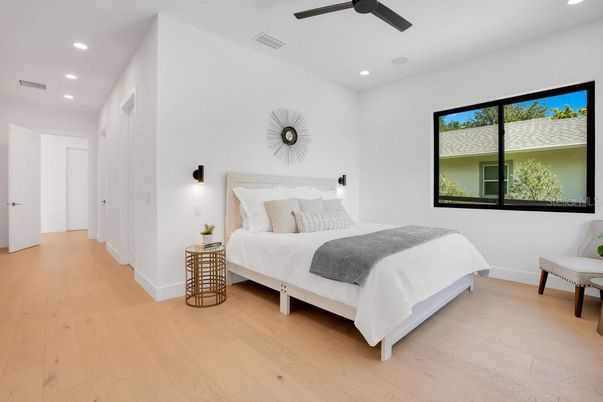 Bedroom, Interior, Recessed Lighting, Wood Texture Flooring