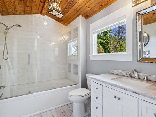 Bathroom, Glass Shower, Interior, Wooden Ceilings, Wood Texture Flooring