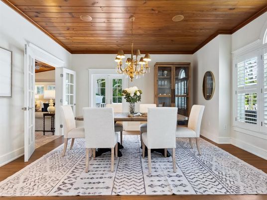 Chandelier, Dining room, Interior, Wooden Ceilings, Wood Texture Flooring