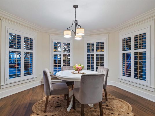 Dining room, Interior, Pendant Lights, Wood Texture Flooring
