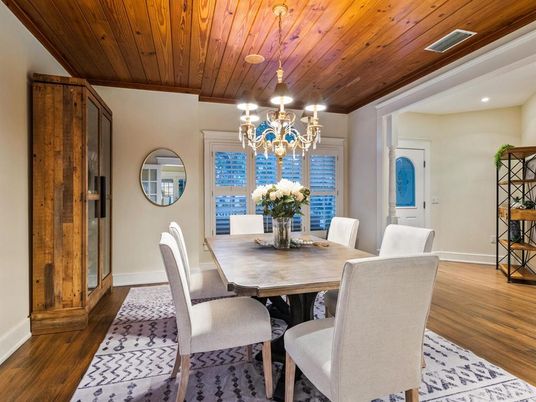 Chandelier, Dining room, Interior, Recessed Lighting, Wooden Ceilings, Wood Texture Flooring