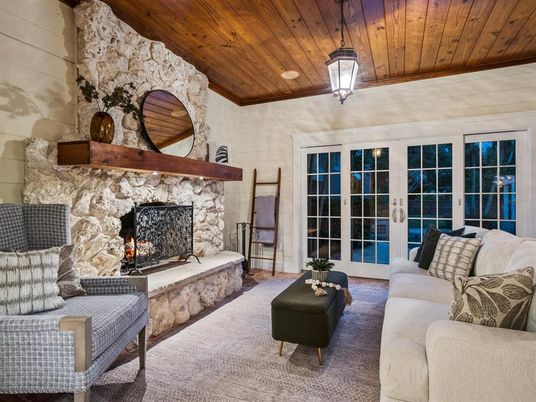 Fireplace, Interior, Living room, Stone Walls, Wooden Ceilings