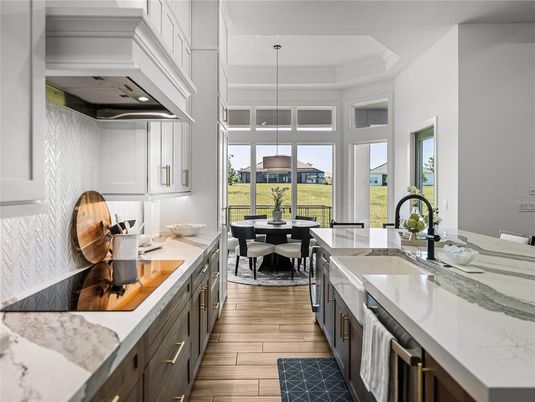 Dining room, Interior, Kitchen, Pendant Lights, Wood Texture Flooring