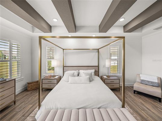 Bedroom, Interior, Recessed Lighting, Wood Texture Flooring