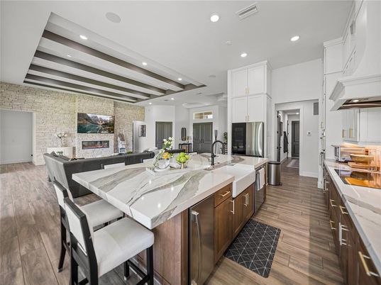 Interior, Kitchen, Recessed Lighting, Stainless Steel Appliances, Stone Walls, Wooden Beams, Wood Texture Flooring