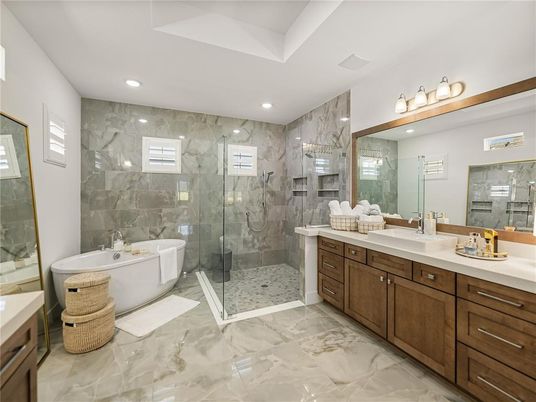Bathroom, Dual Sink Vanities, Free Standing Baths, Glass Shower, Interior, Marble, Marble Walls, Recessed Lighting