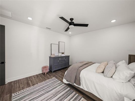 Bedroom, Interior, Recessed Lighting, Wood Texture Flooring
