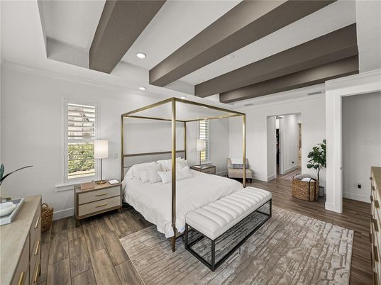 Bedroom, Interior, Recessed Lighting, Wood Texture Flooring