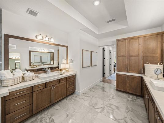 Bathroom, Dual Sink Vanities, Interior, Marble, Recessed Lighting