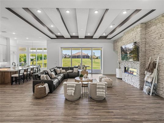 Fireplace, Interior, Kitchen, Living room, Recessed Lighting, Stone Walls, Wooden Beams, Wood Texture Flooring