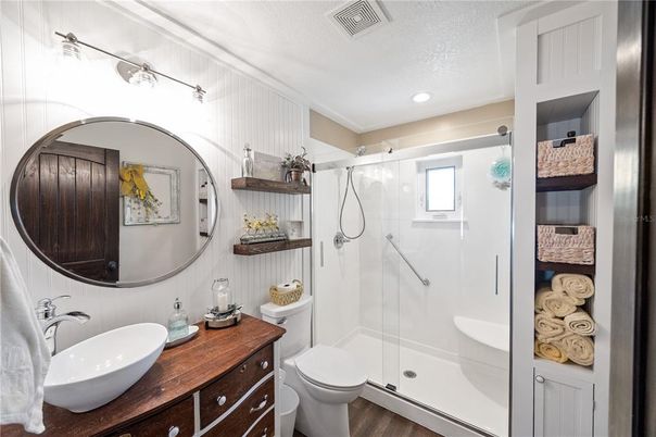 Bathroom, Glass Shower, Interior, Recessed Lighting, Wood Texture Flooring