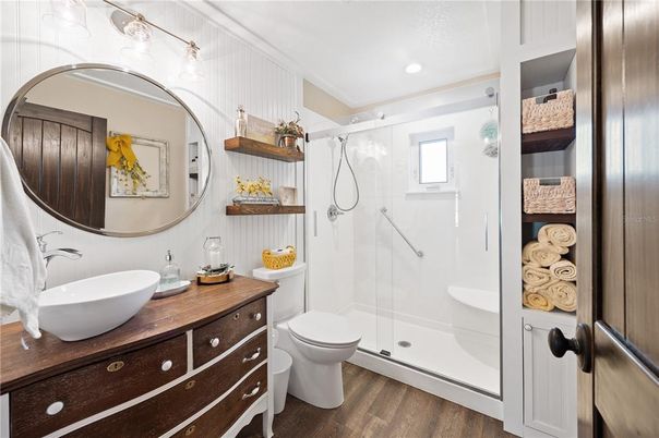 Bathroom, Glass Shower, Interior, Recessed Lighting, Wood Texture Flooring