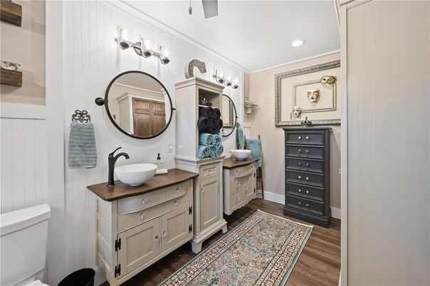 Bathroom, Dual Sink Vanities, Interior, Recessed Lighting, Wood Texture Flooring