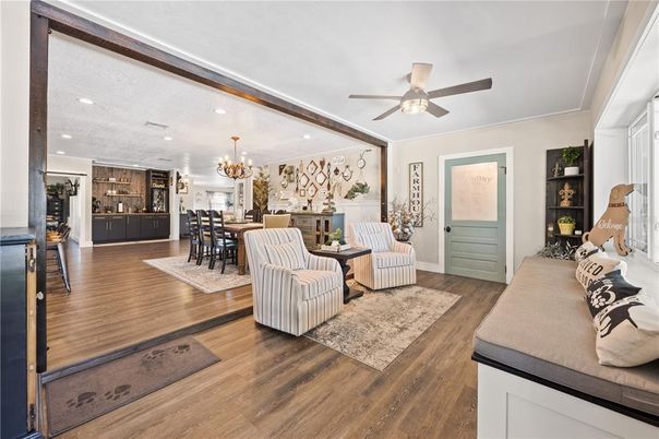 Chandelier, Dining room, Interior, Living room, Recessed Lighting, Wood Texture Flooring