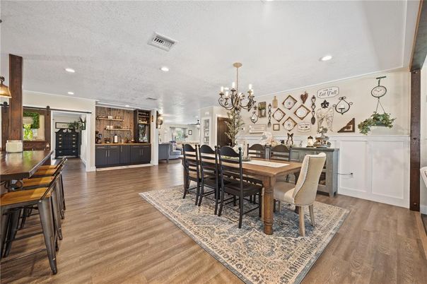 Chandelier, Dining room, Interior, Recessed Lighting, Wood Texture Flooring