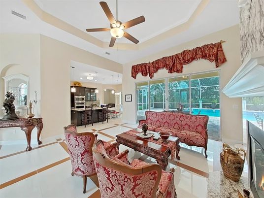 Fireplace, Interior, Kitchen, Living room, Pendant Lights, Stainless Steel Appliances