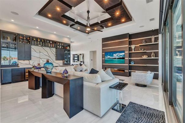 Interior, Living room, Marble Walls, Pendant Lights, Recessed Lighting