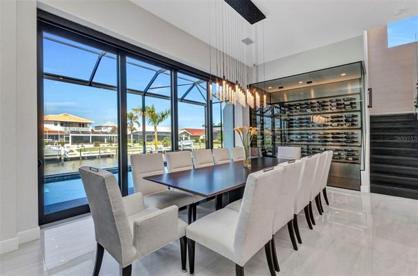 Dining room, Interior, Pendant Lights, Water, Wine Storage