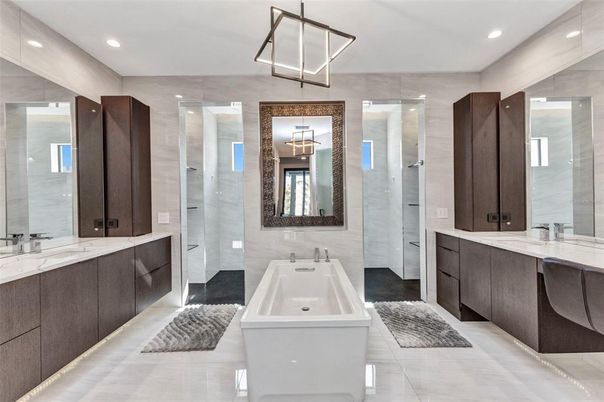 Bathroom, Dual Sink Vanities, Glass Shower, Interior, Pendant Lights, Recessed Lighting