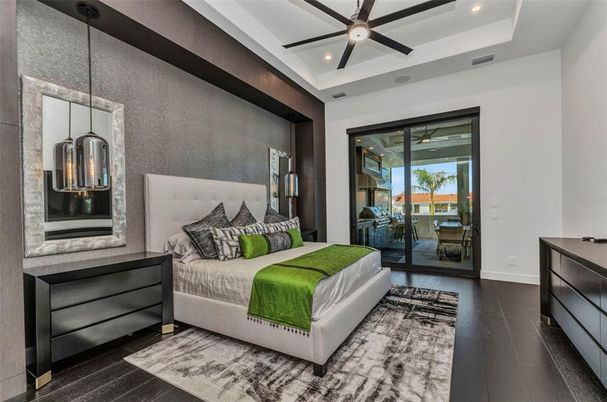 Bedroom, Interior, Pendant Lights, Recessed Lighting, Wood Texture Flooring