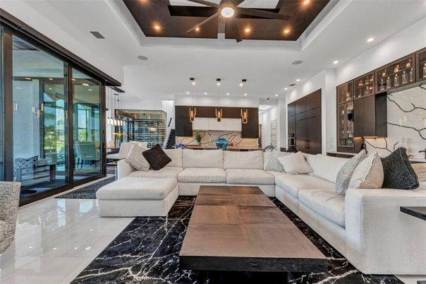 Interior, Kitchen, Living room, Marble, Pendant Lights, Recessed Lighting, Stainless Steel Appliances