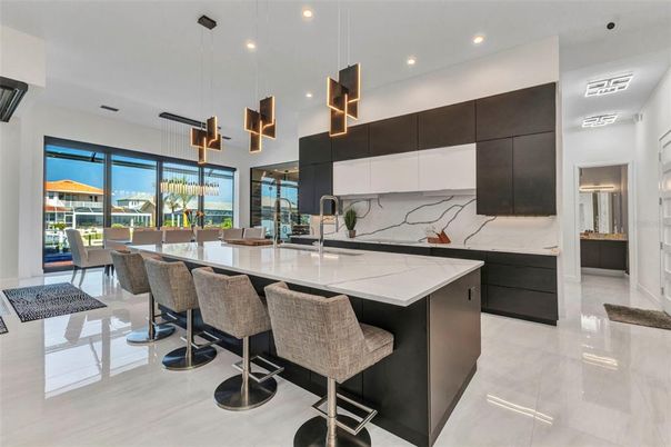 Dining room, Interior, Kitchen, Marble Walls, Pendant Lights, Recessed Lighting