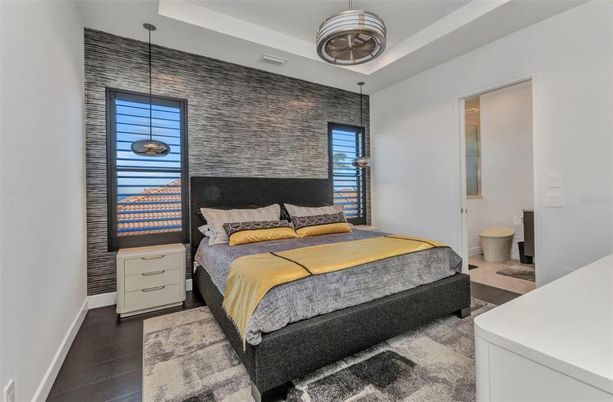 Bedroom, Interior, Pendant Lights, Wood Texture Flooring