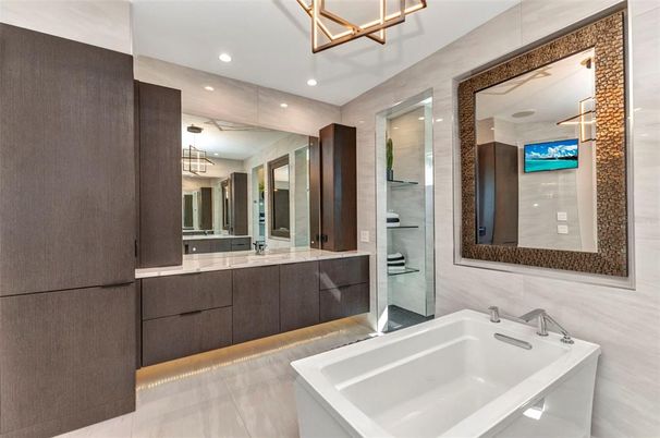 Bathroom, Dual Sink Vanities, Glass Shower, Interior, Pendant Lights, Recessed Lighting