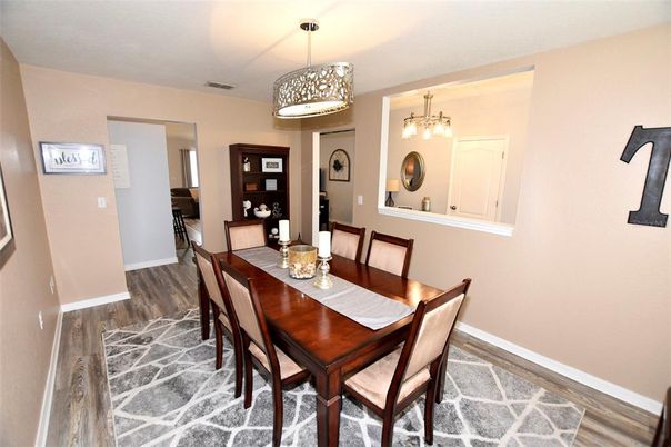 Dining room, Interior, Pendant Lights, Wood Texture Flooring