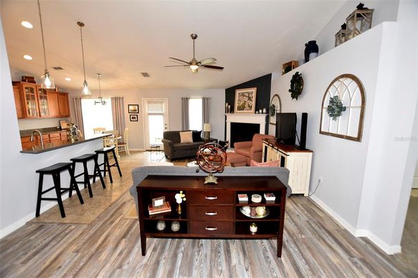 Fireplace, Interior, Kitchen, Living room, Pendant Lights, Recessed Lighting, Wood Texture Flooring