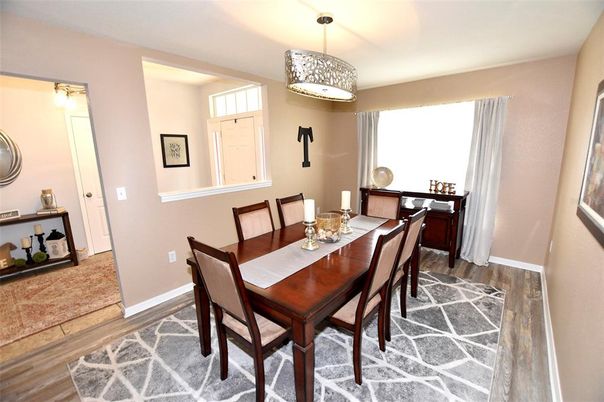 Dining room, Interior, Pendant Lights, Wood Texture Flooring